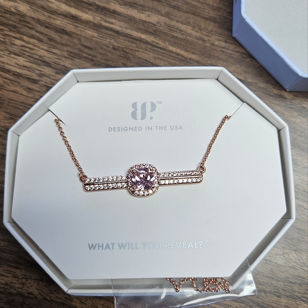 Bomb Party (BP) necklace. Rose Quartz Cubic Zirconia. Rose Gold Plating.